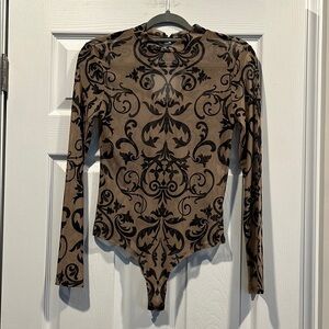 Tan and Black Asymmetrical Fitted Bodysuit